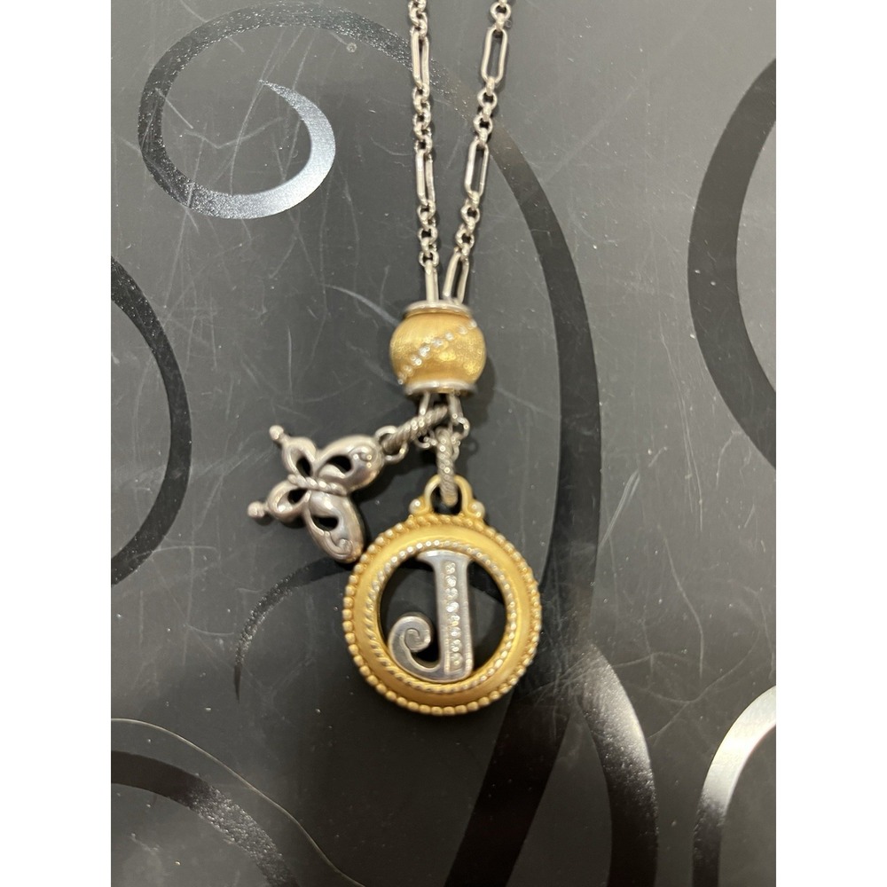 Brighton Initial J Necklace ABC Monogram Swarovski Crystals W/Butterfly And Gold